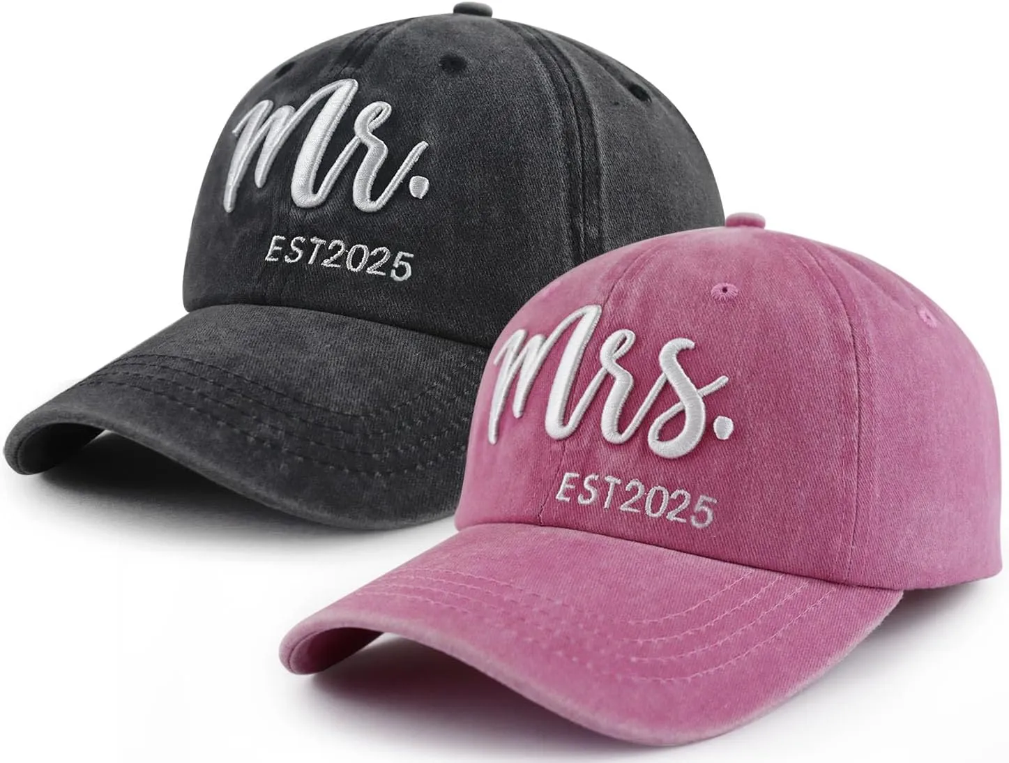 2PCS Mr and Mrs 2025 Hats for Men Women, Adjustable Cotton 3D Embroidered Gifts Baseball Cap