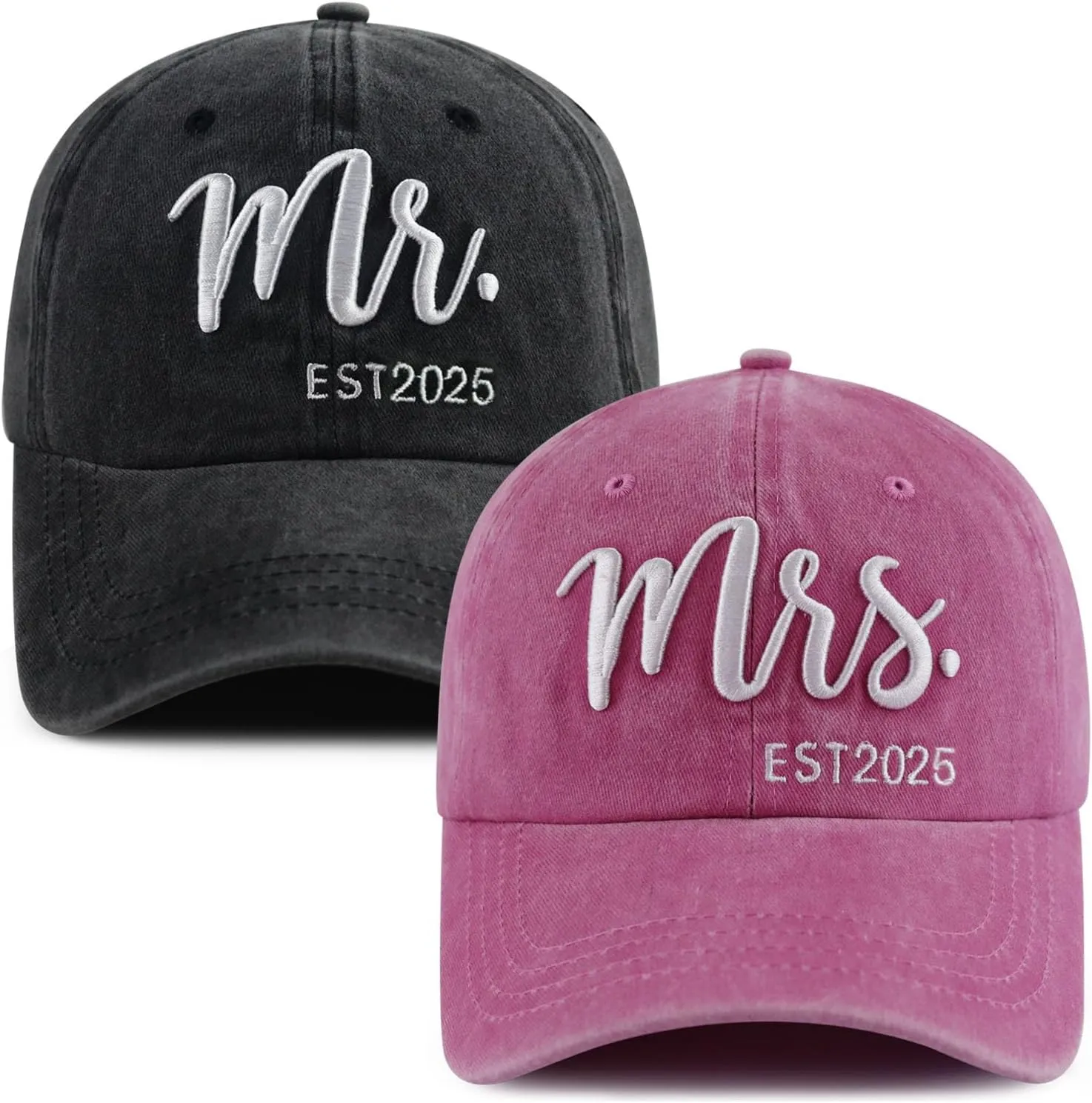 2PCS Mr and Mrs 2025 Hats for Men Women, Adjustable Cotton 3D Embroidered Gifts Baseball Cap