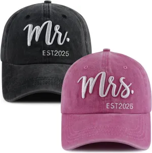 2PCS Mr and Mrs 2025 Hats for Men Women, Adjustable Cotton 3D Embroidered Gifts Baseball Cap