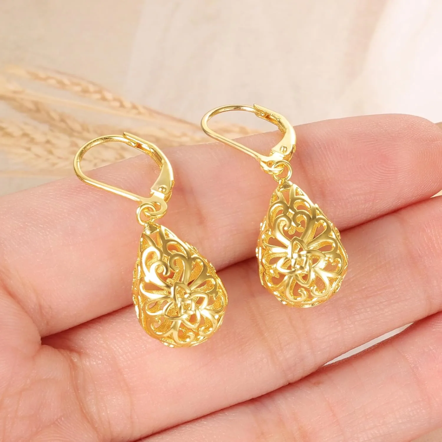 925 Sterling Silver 14K Gold French Style Leverback Earrings, Heart Dangle Drop Earrings for Women Hypoallergenic Jewelry