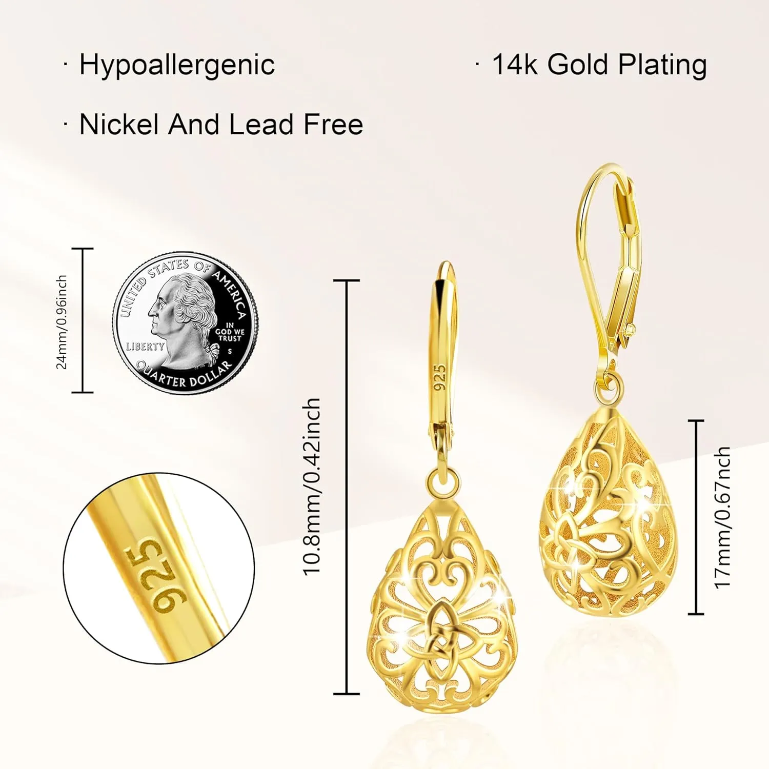 925 Sterling Silver 14K Gold French Style Leverback Earrings, Heart Dangle Drop Earrings for Women Hypoallergenic Jewelry
