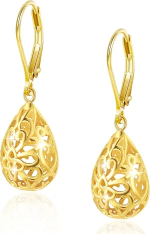 925 Sterling Silver 14K Gold French Style Leverback Earrings, Heart Dangle Drop Earrings for Women Hypoallergenic Jewelry