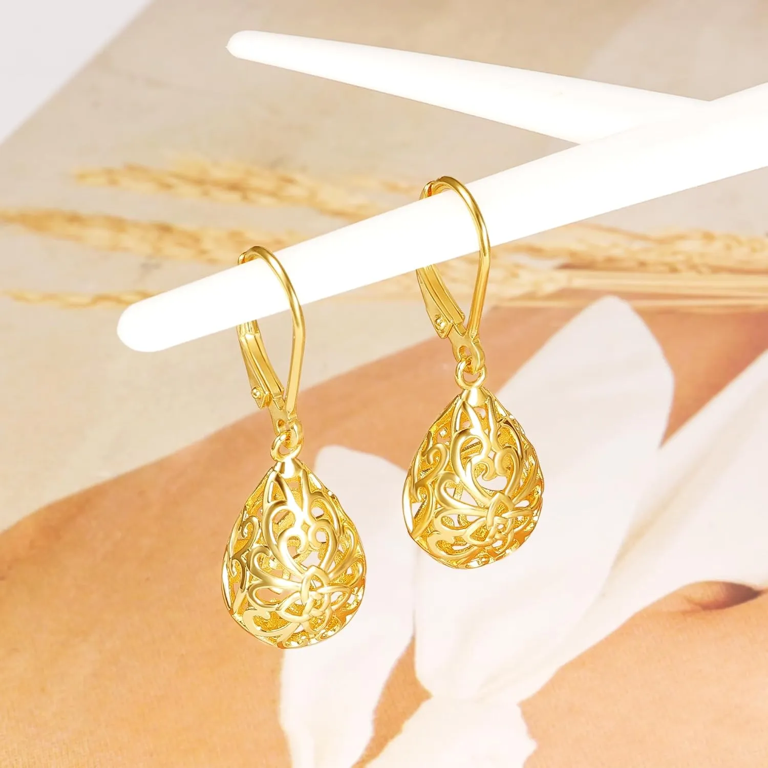 925 Sterling Silver 14K Gold French Style Leverback Earrings, Heart Dangle Drop Earrings for Women Hypoallergenic Jewelry
