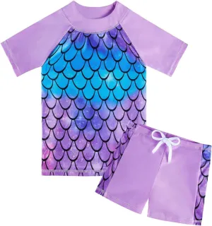 AIDEAONE Girls Rash Guard Swimsuit Short Sleeve Two Piece Bathing Suit Size 3-12T