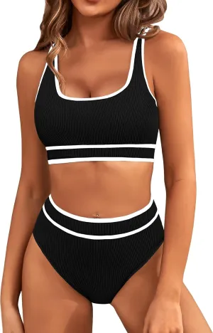 BMJL Women's High Waisted Bikini Sets Sporty Two Piece Swimsuits Color Block Cheeky High Cut Bathing Suits