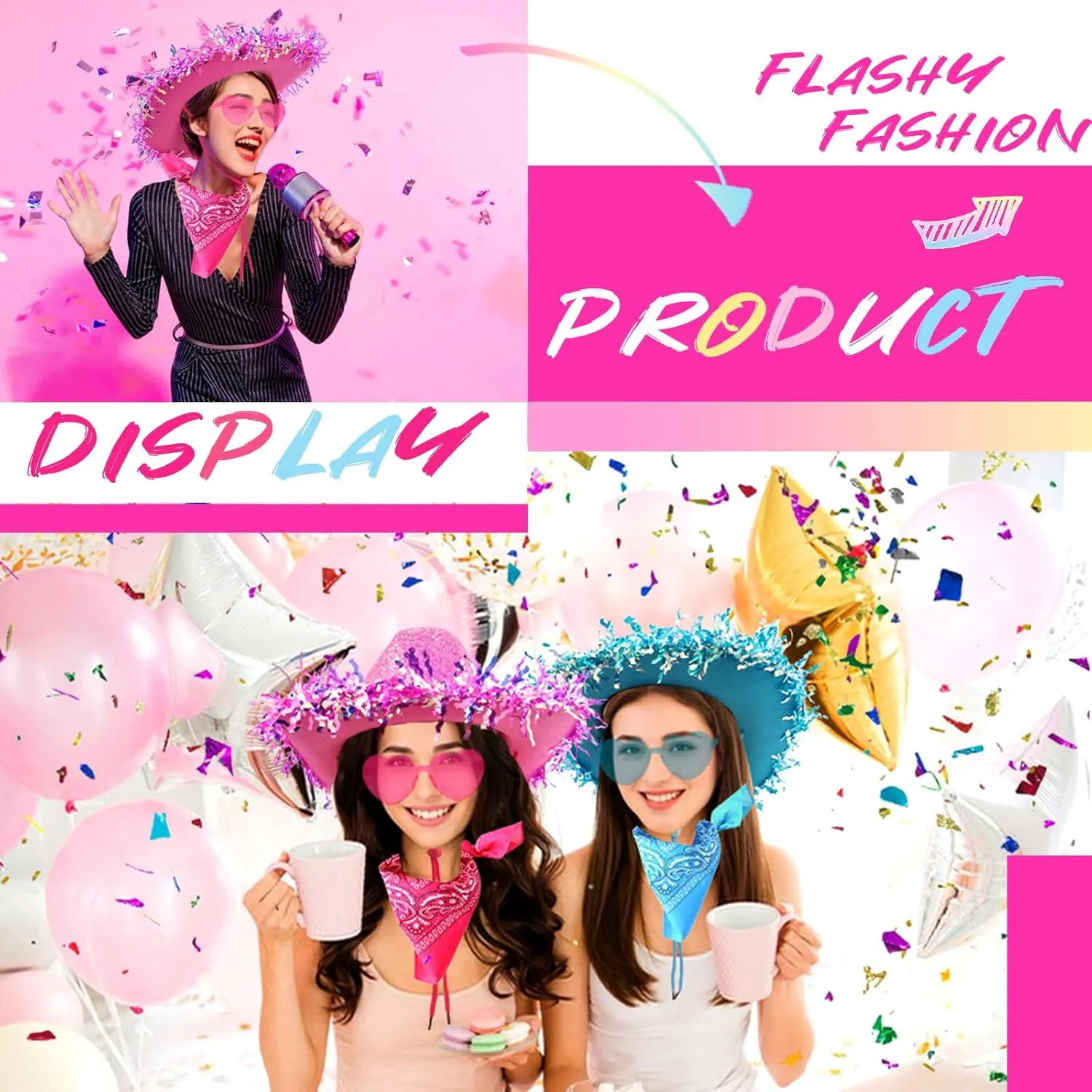 Cowboy Hats with Reflective Sequins for Women, Glitters Foil Brim Cowgirl hats with Bandana Heart Shaped Sunglasses