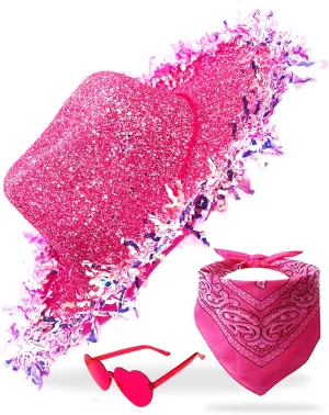 Cowboy Hats with Reflective Sequins for Women, Glitters Foil Brim Cowgirl hats with Bandana Heart Shaped Sunglasses