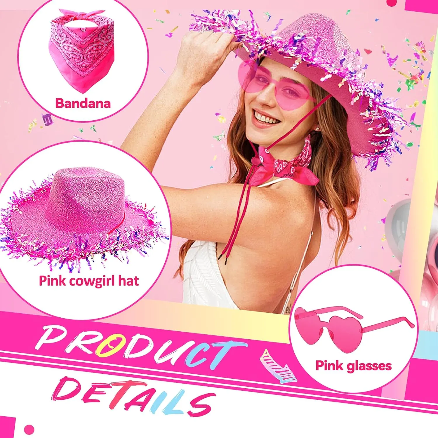 Cowboy Hats with Reflective Sequins for Women, Glitters Foil Brim Cowgirl hats with Bandana Heart Shaped Sunglasses