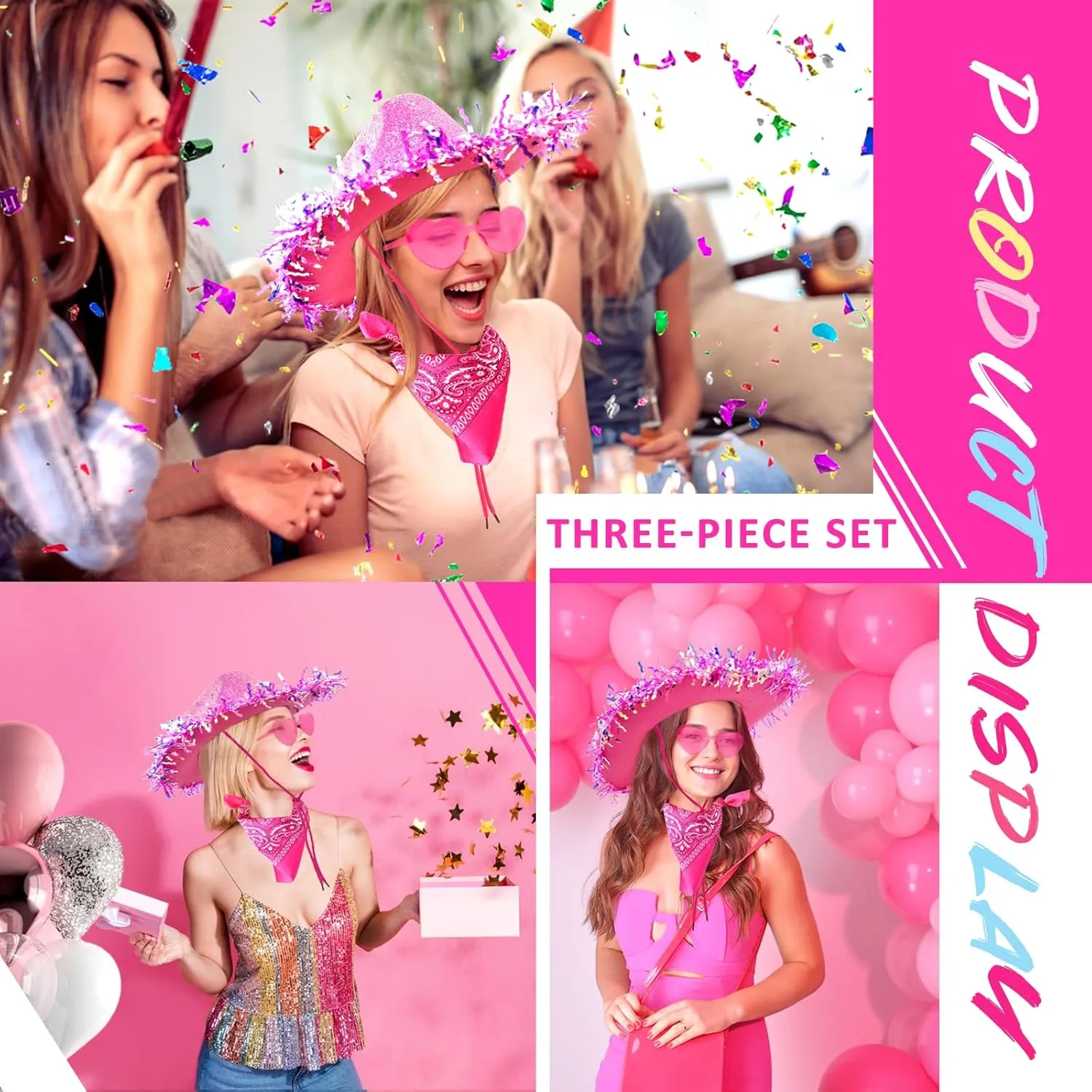 Cowboy Hats with Reflective Sequins for Women, Glitters Foil Brim Cowgirl hats with Bandana Heart Shaped Sunglasses