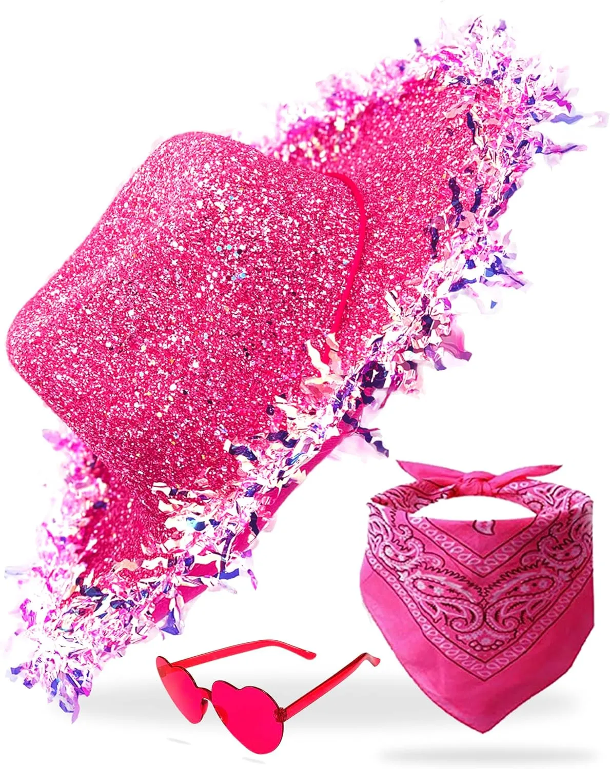 Cowboy Hats with Reflective Sequins for Women, Glitters Foil Brim Cowgirl hats with Bandana Heart Shaped Sunglasses