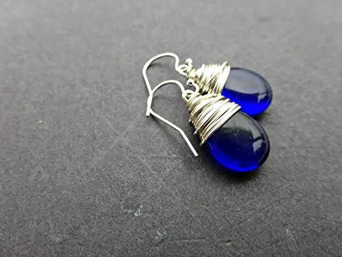 Dark blue Czech glass teardrop and silver wrapped earrings. Sterling silver small jewelry.