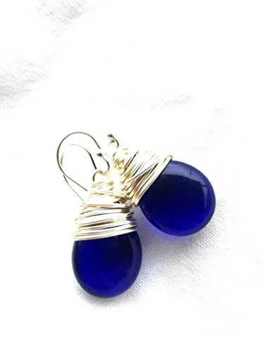 Dark blue Czech glass teardrop and silver wrapped earrings. Sterling silver small jewelry.
