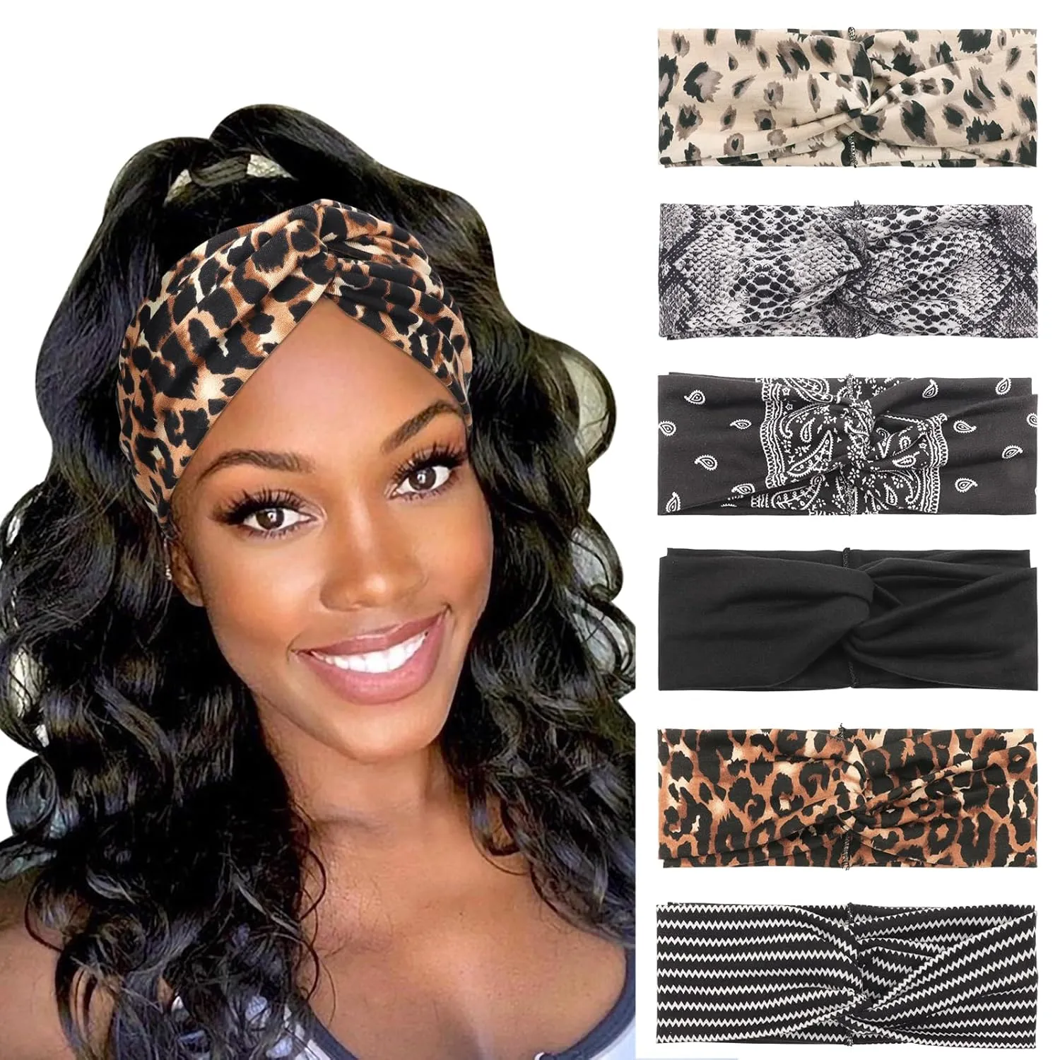 DRESHOW 6 Pack Boho Non-Slip Headbands for Women Girls Yoga Workout Running Knotted Turban Floral Printed Elastic Head Wrap