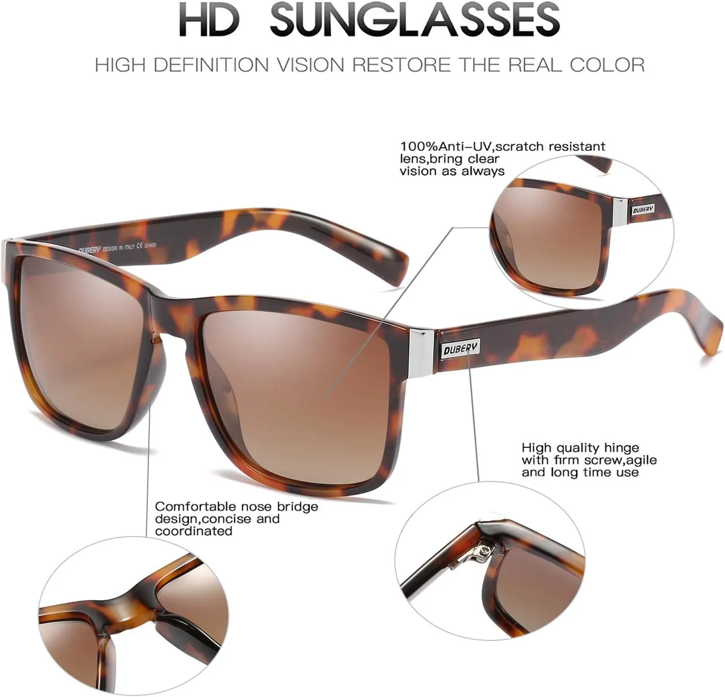 DUBERY Vintage Polarized Sunglasses for Men Women Retro Square Sun Glasses D518