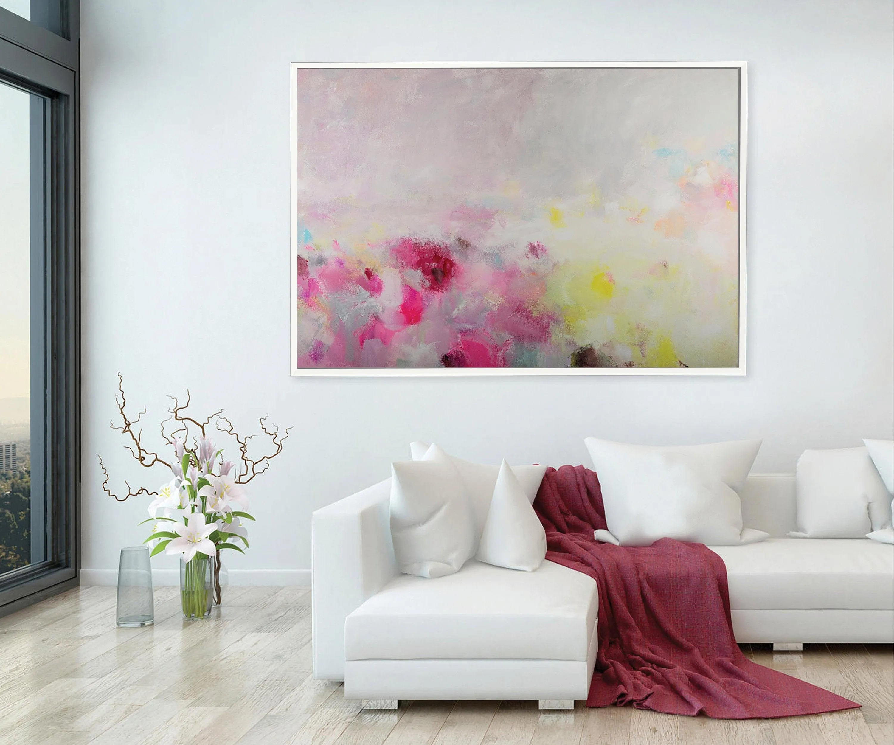 Extra large modern pink wall art, Landscape print, large abstract painting print, pink and yellow painting, acrylic abstract painting