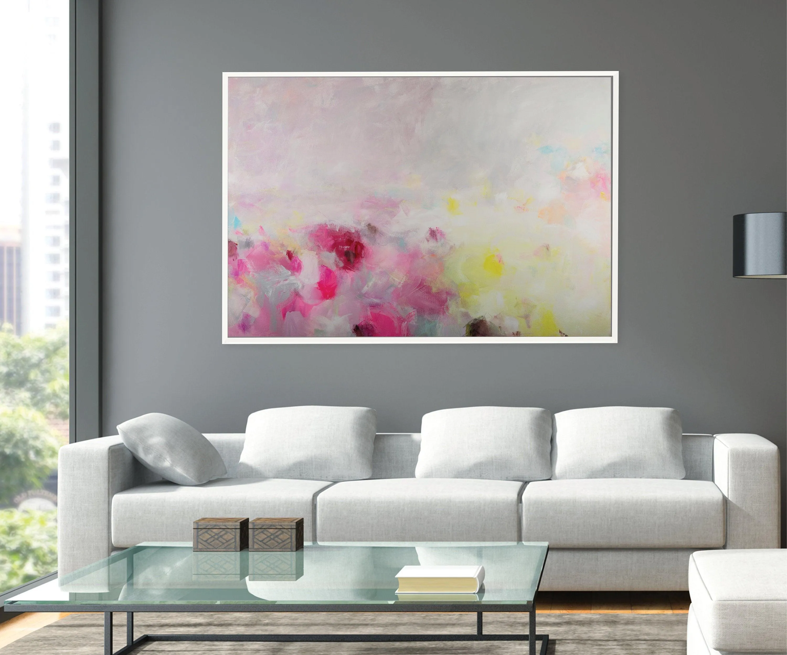 Extra large modern pink wall art, Landscape print, large abstract painting print, pink and yellow painting, acrylic abstract painting