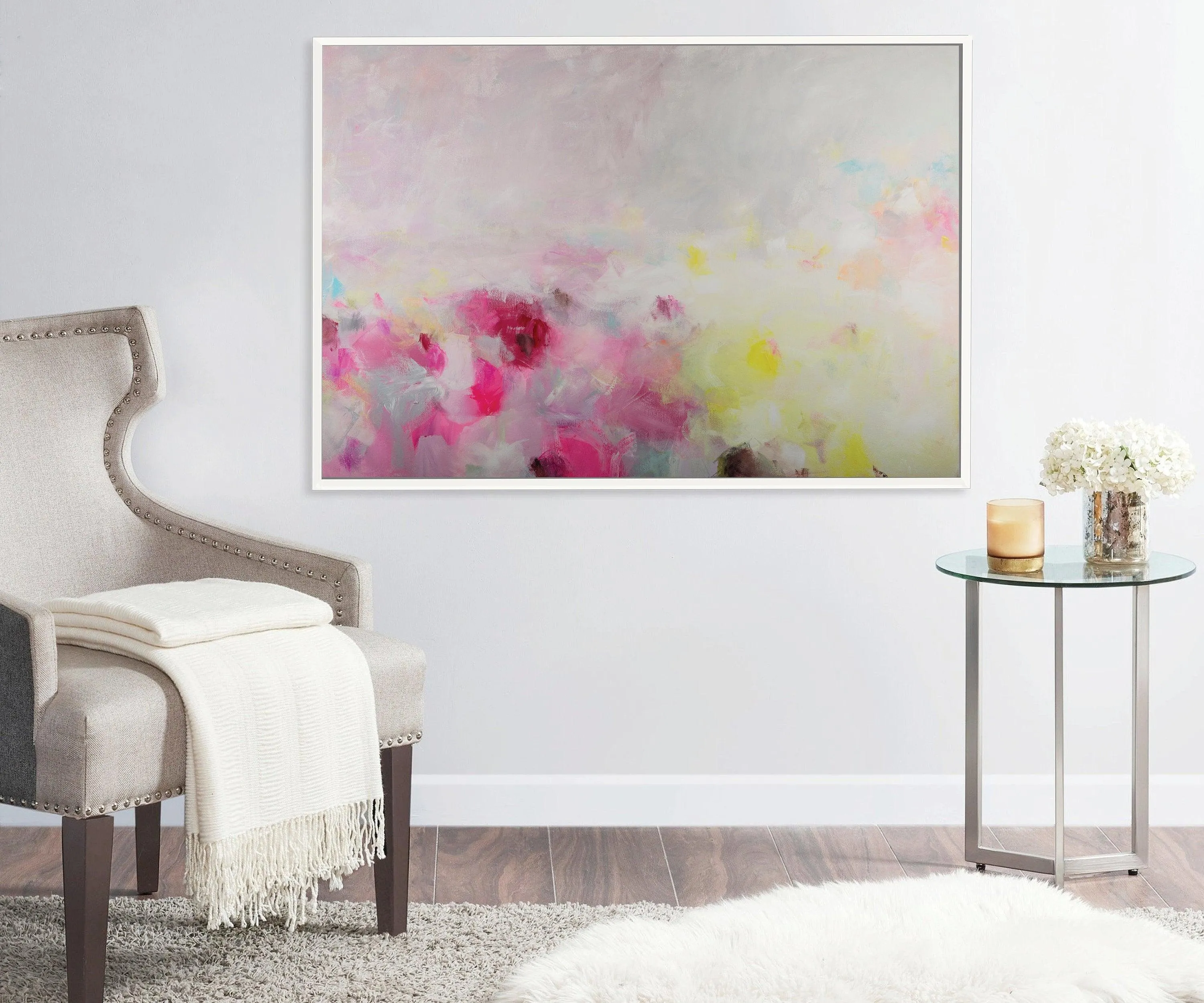 Extra large modern pink wall art, Landscape print, large abstract painting print, pink and yellow painting, acrylic abstract painting