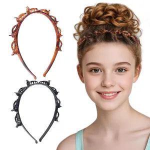 Fashion Headbands with Clips - Braided Weave Bangs Styling with 8 Clips Each - Double Layer Toothed Design Hair Accessories for Women - Black and Brown Professional 2-Pack