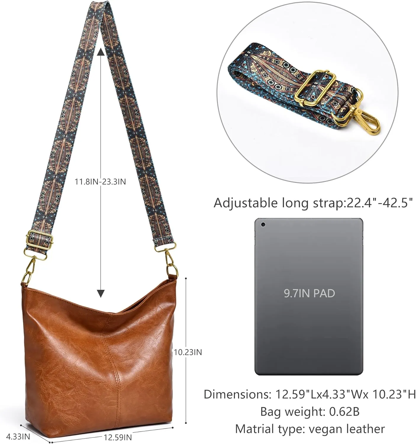 Fashion Hobo Bags for Women Vegan Leather Crossbody Bag with Guitar Strap Shoulder Purses and Handbags