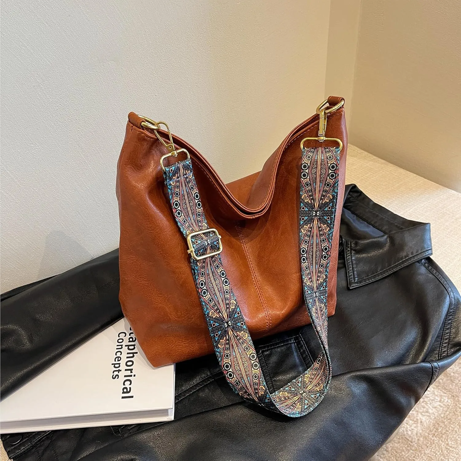 Fashion Hobo Bags for Women Vegan Leather Crossbody Bag with Guitar Strap Shoulder Purses and Handbags