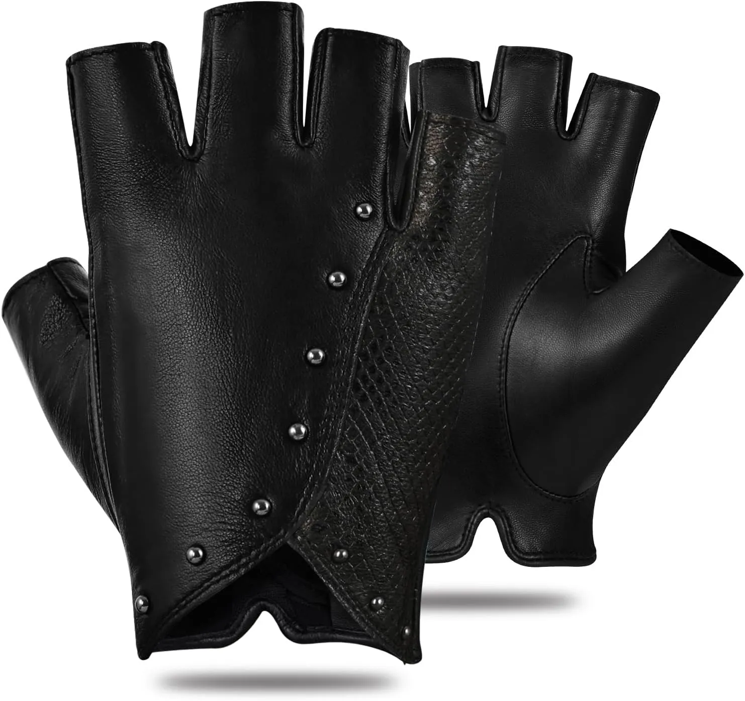 FIORETTO Womens Punk Fingerless Leather Gloves for Driving Motorcycle Unlined Half Finger Sheepskin W180416