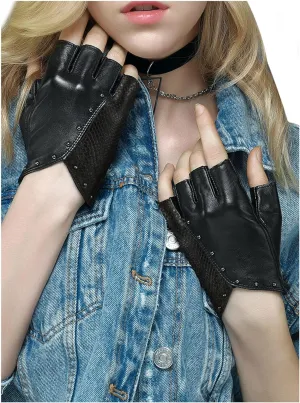 FIORETTO Womens Punk Fingerless Leather Gloves for Driving Motorcycle Unlined Half Finger Sheepskin W180416