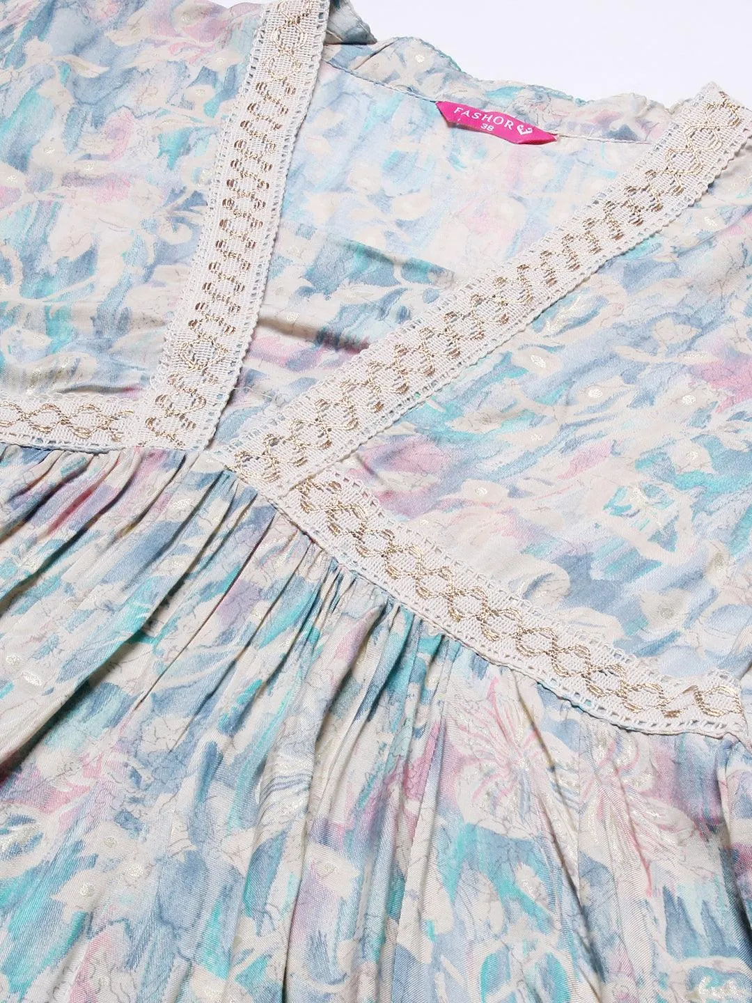 Floral Printed Crochet Zari Lace Embellished Empire Maxi Dress - Blue