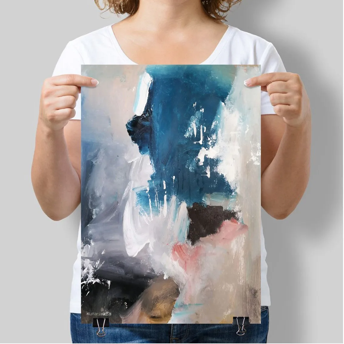 Framed vertical blue & pink abstract wall art print