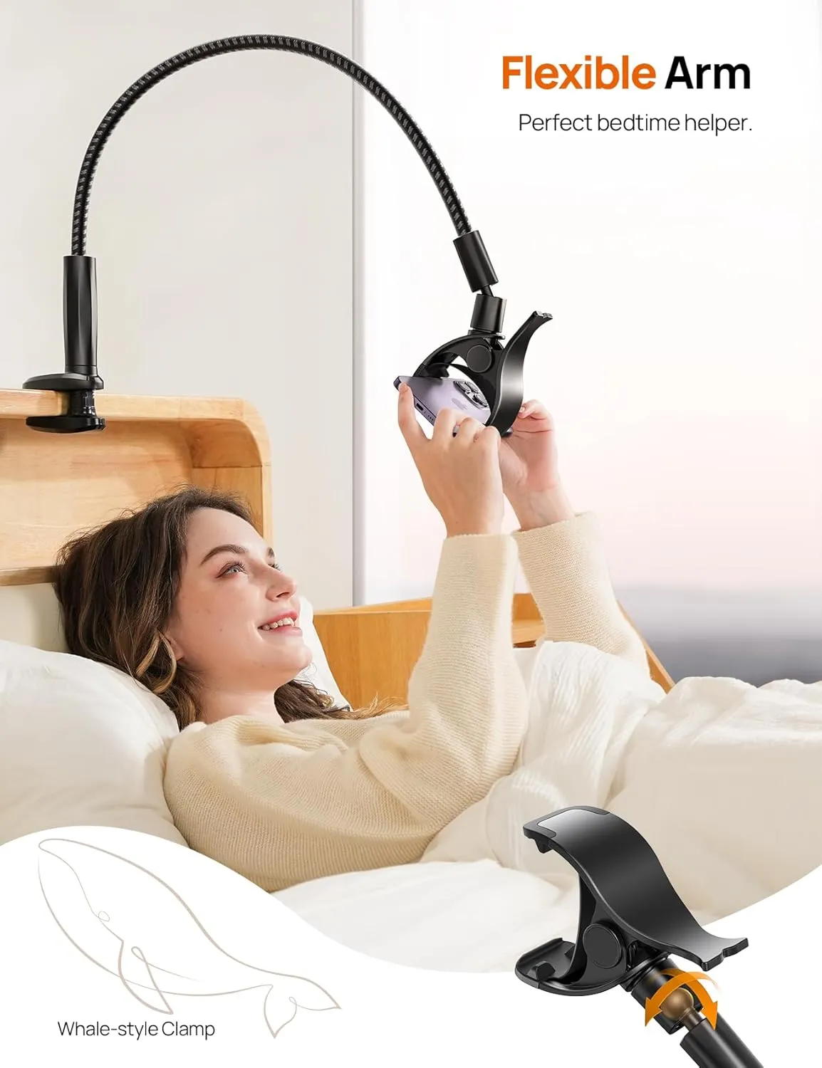Gooseneck Phone Holder for Bed - [2025 Upgrade Nylon Braid] 38 Long Flexible Lazy Arm Clip, 360 Adjustable Overhead Phone Mount for iPhone 15 14 13 12 11 Pro Max Mini Plus, all 4-7" Cellphone