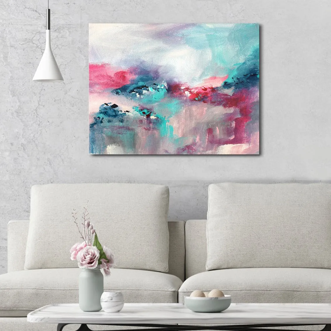 Horizontal pink & teal abstract wall art print