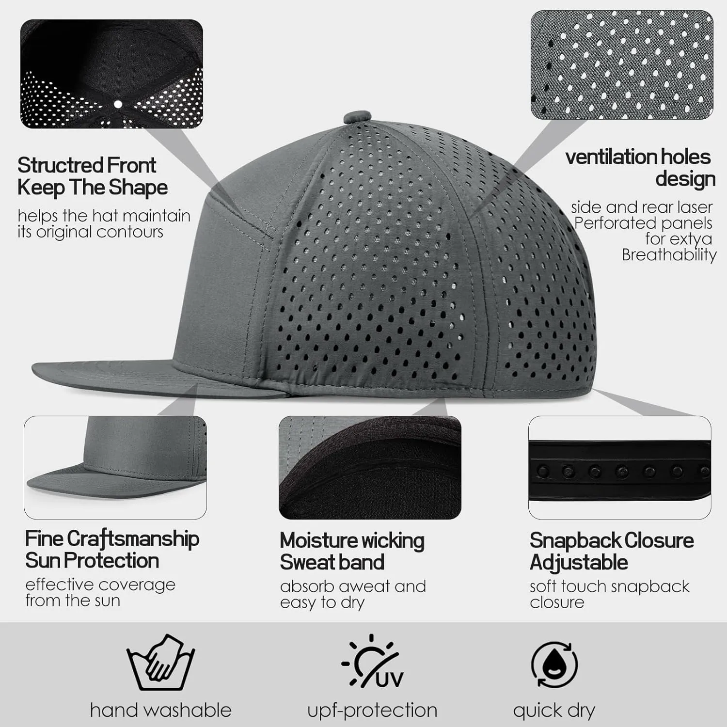 Men's Flat Brim Baseball Cap Adjustable Performance Snapback Trucker Hat Laser Perforated Cap 6 Panel Blank Hats
