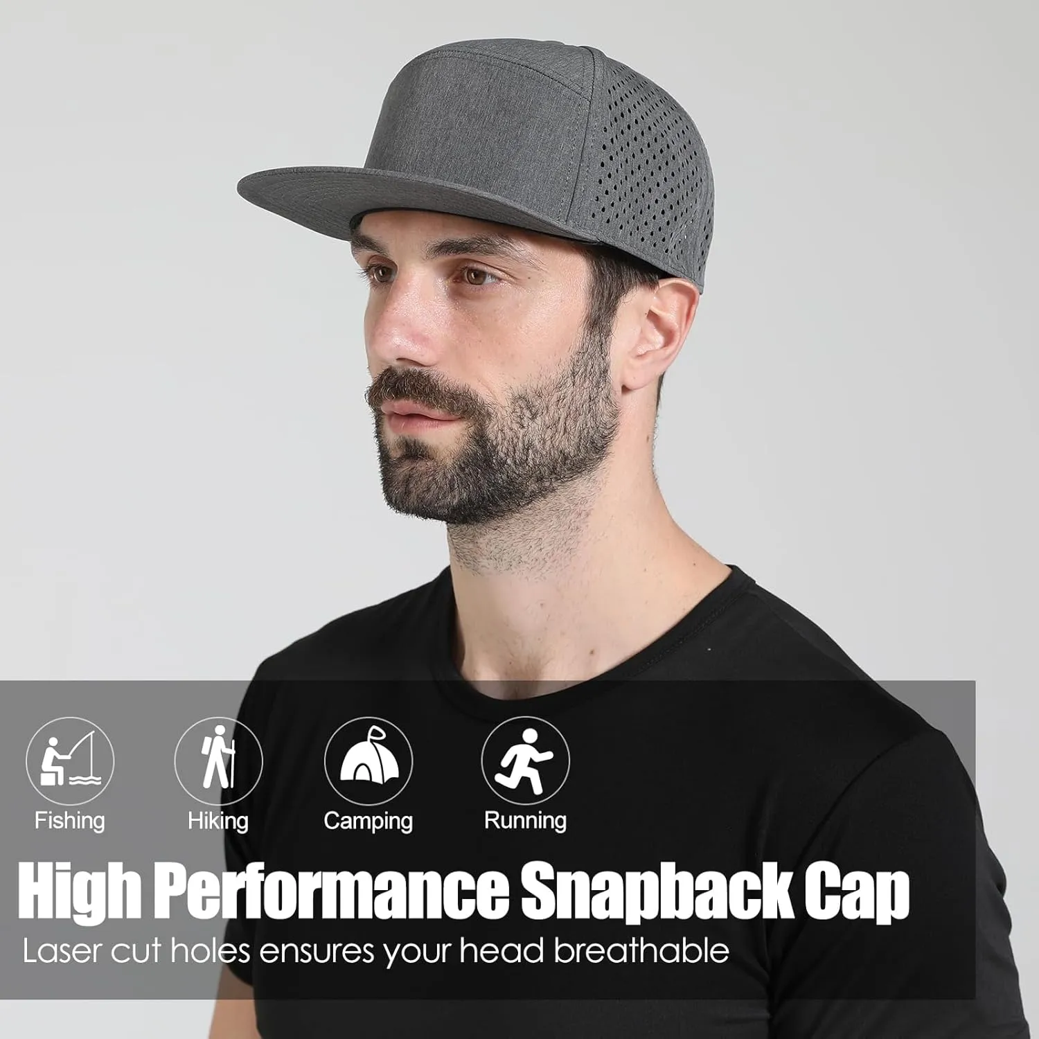 Men's Flat Brim Baseball Cap Adjustable Performance Snapback Trucker Hat Laser Perforated Cap 6 Panel Blank Hats