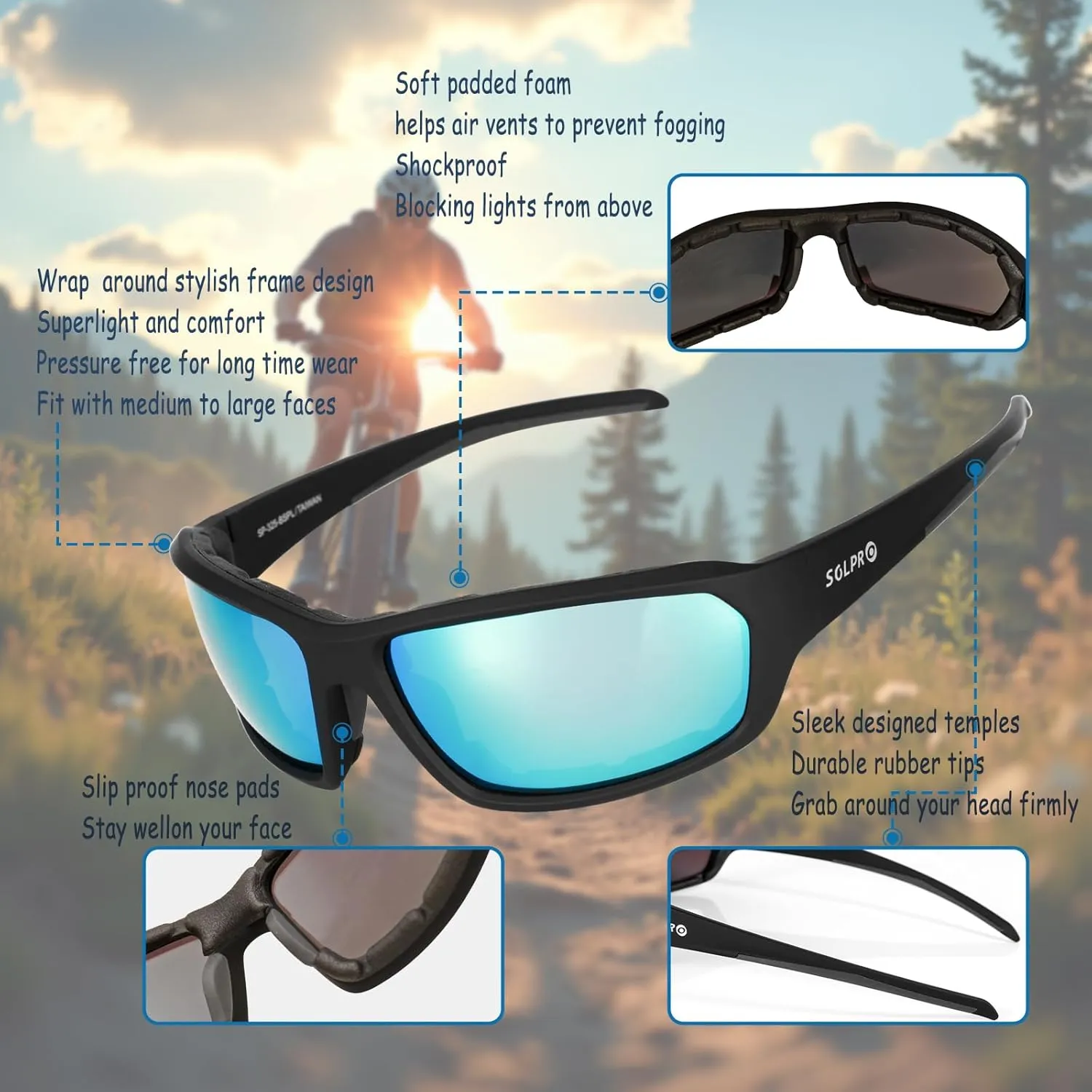 Polarized Motorcycle Riding Glasses UV Protection Foam Padded, Fishing, Golfing, Hiking, Fit Men Women