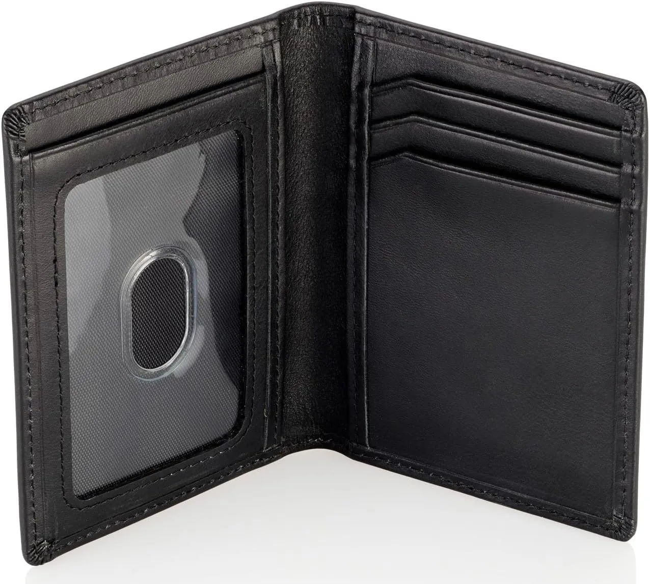 Stealth Mode Men's Slim Front Pocket Wallet - RFID Blocking, Thin Minimalist Bifold Design, Genuine Leather - ID Badge Window and 5 Sleeves for Money, Credit and Debit Cards, Driver's License - Black