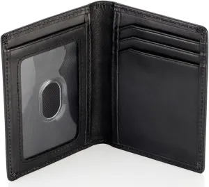 Stealth Mode Men's Slim Front Pocket Wallet - RFID Blocking, Thin Minimalist Bifold Design, Genuine Leather - ID Badge Window and 5 Sleeves for Money, Credit and Debit Cards, Driver's License - Black