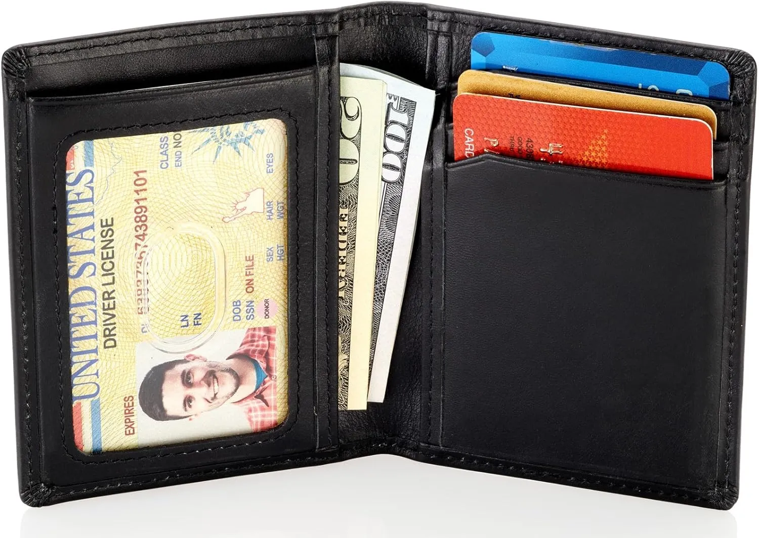 Stealth Mode Men's Slim Front Pocket Wallet - RFID Blocking, Thin Minimalist Bifold Design, Genuine Leather - ID Badge Window and 5 Sleeves for Money, Credit and Debit Cards, Driver's License - Black