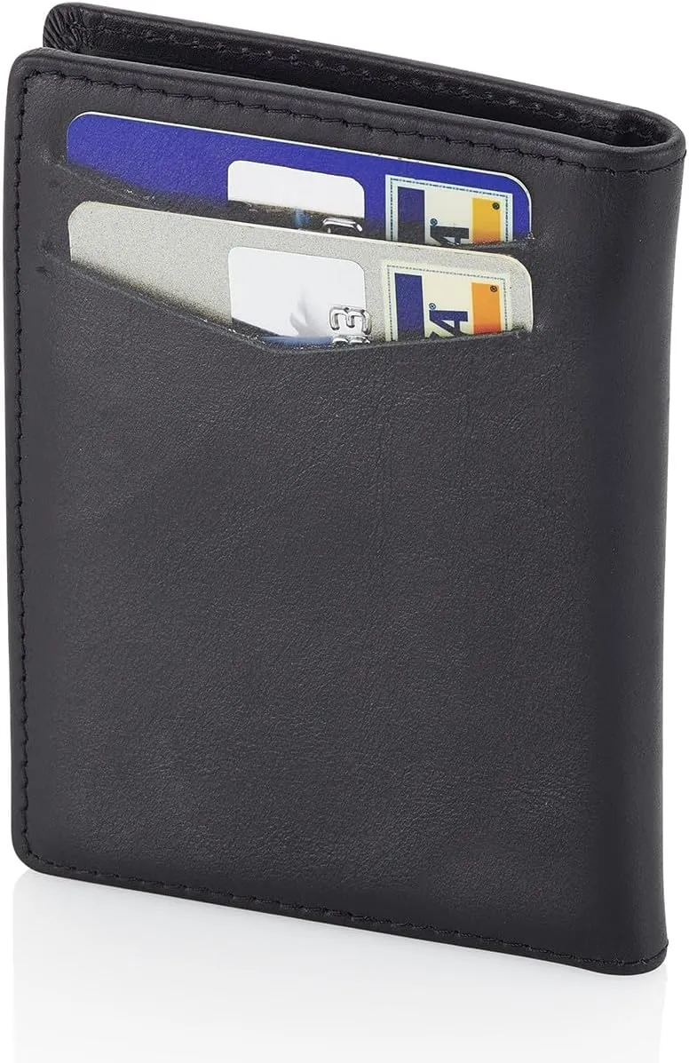 Stealth Mode Men's Slim Front Pocket Wallet - RFID Blocking, Thin Minimalist Bifold Design, Genuine Leather - ID Badge Window and 5 Sleeves for Money, Credit and Debit Cards, Driver's License - Black