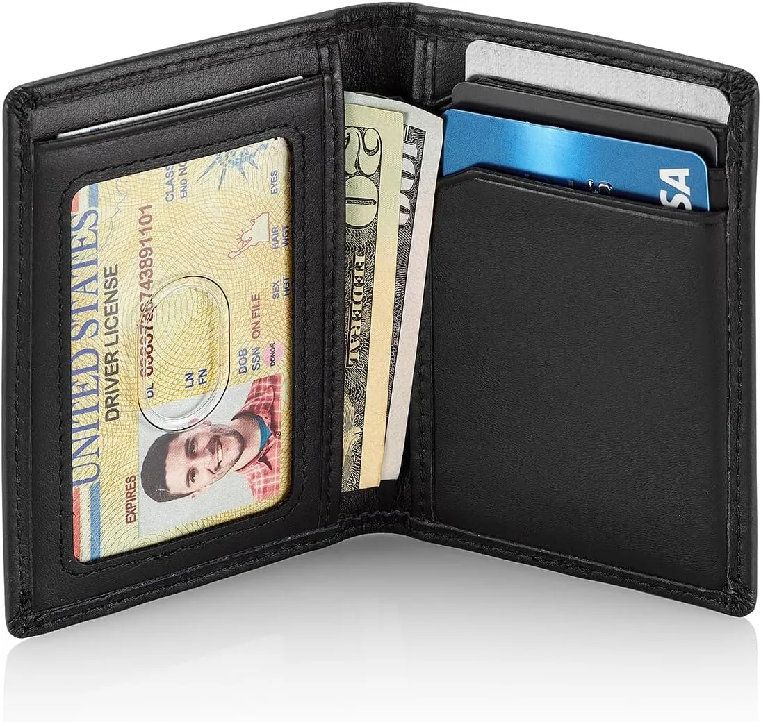 Stealth Mode Men's Slim Front Pocket Wallet - RFID Blocking, Thin Minimalist Design, Genuine Leather - ID Badge Window and 5 Sleeves for Money, Credit Cards, Driver License (Black/White)