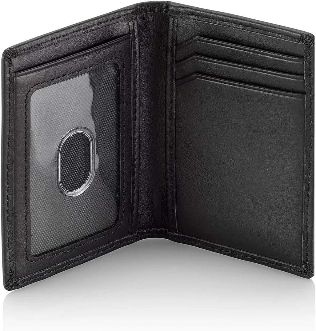 Stealth Mode Men's Slim Front Pocket Wallet - RFID Blocking, Thin Minimalist Design, Genuine Leather - ID Badge Window and 5 Sleeves for Money, Credit Cards, Driver License (Black/White)