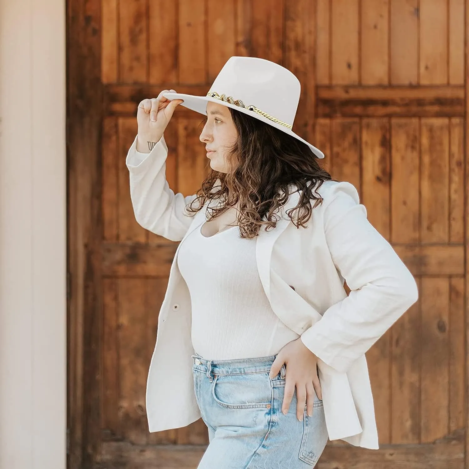 Wide Brim Fedora Hats for Women and Men Classic Panama Hat Men's Two Tone Dress Hat with Belt Buckle Women Hat