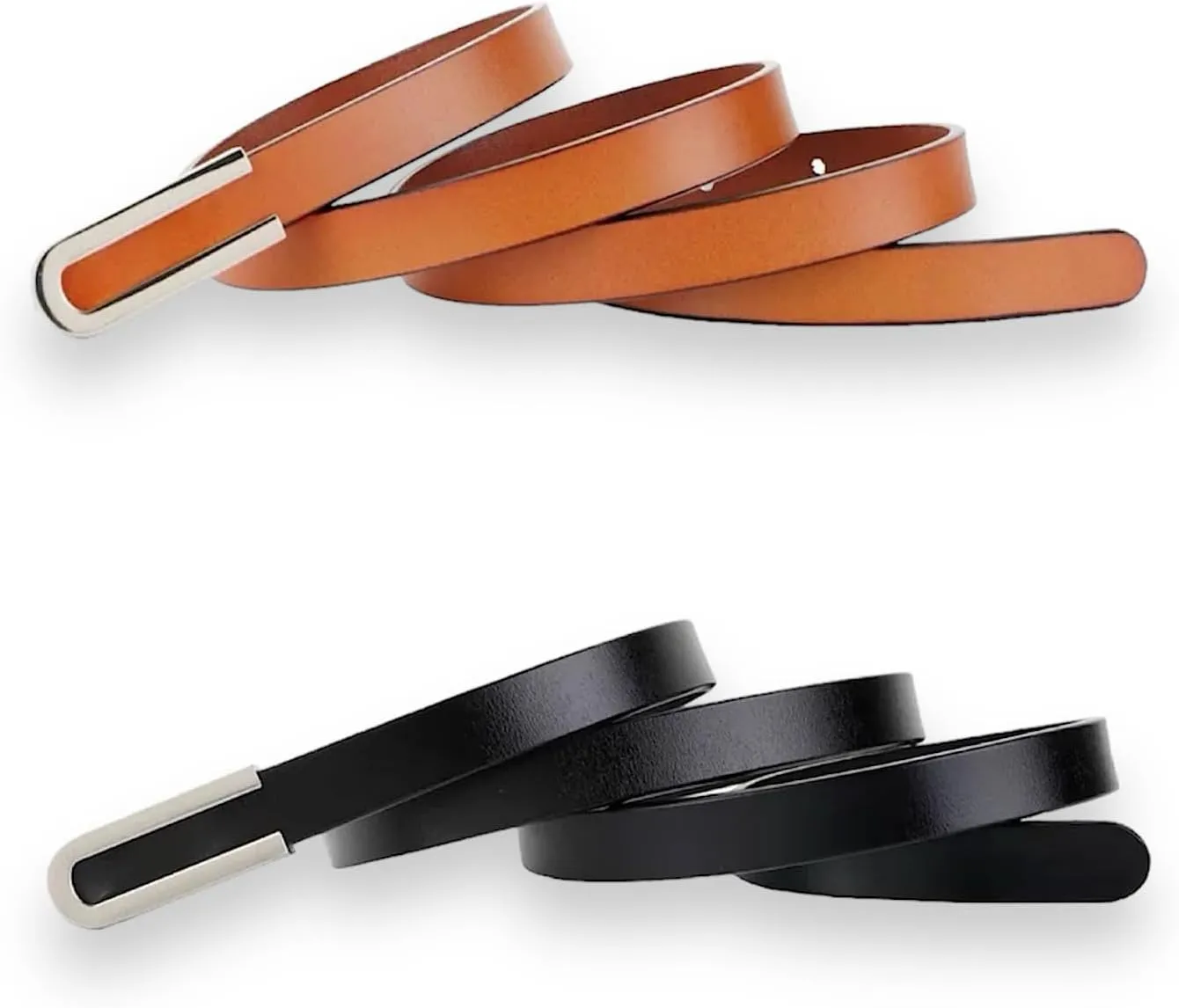 Women's Belt Fashion Skinny Slim Soft Genuine Leather Belts Waistband Thin Waist Belt Silver Chrome Color Alloy Buckle