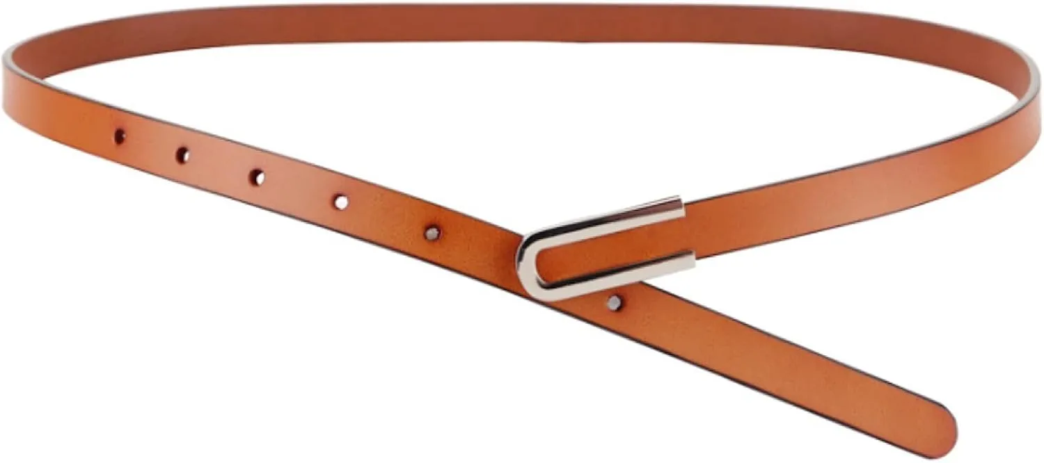 Women's Belt Fashion Skinny Slim Soft Genuine Leather Belts Waistband Thin Waist Belt Silver Chrome Color Alloy Buckle