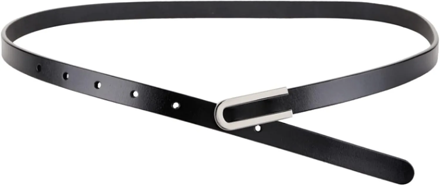 Women's Belt Fashion Skinny Slim Soft Genuine Leather Belts Waistband Thin Waist Belt Silver Chrome Color Alloy Buckle