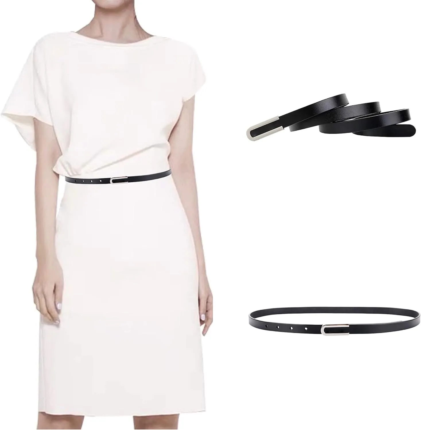 Women's Belt Fashion Skinny Slim Soft Genuine Leather Belts Waistband Thin Waist Belt Silver Chrome Color Alloy Buckle