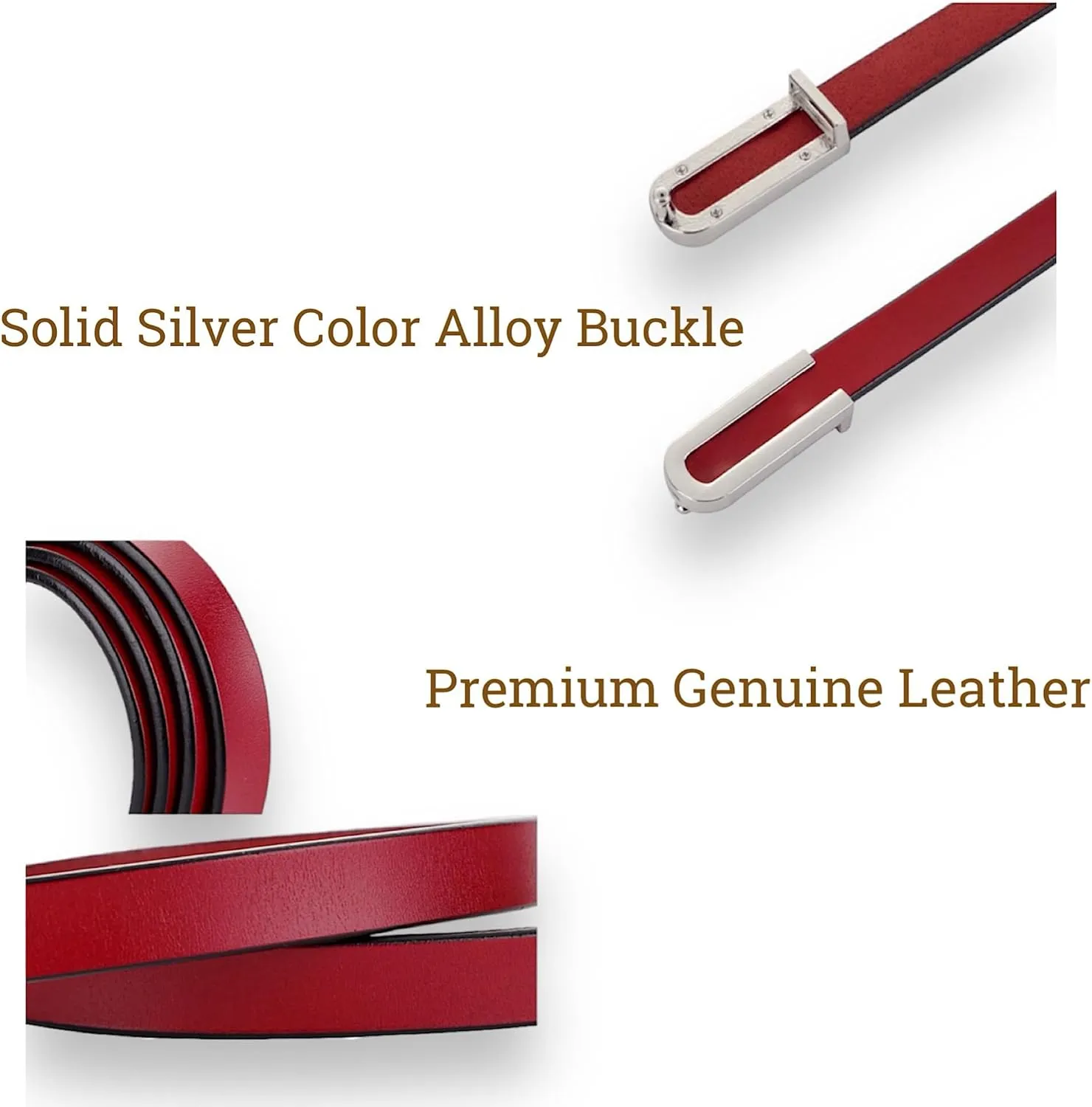 Women's Belt Fashion Skinny Slim Soft Genuine Leather Belts Waistband Thin Waist Belt Silver Chrome Color Alloy Buckle