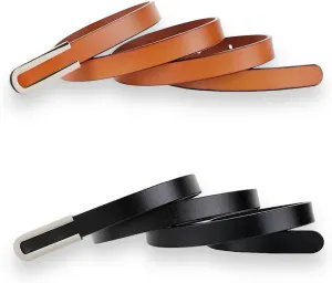 Women's Belt Fashion Skinny Slim Soft Genuine Leather Belts Waistband Thin Waist Belt Silver Chrome Color Alloy Buckle